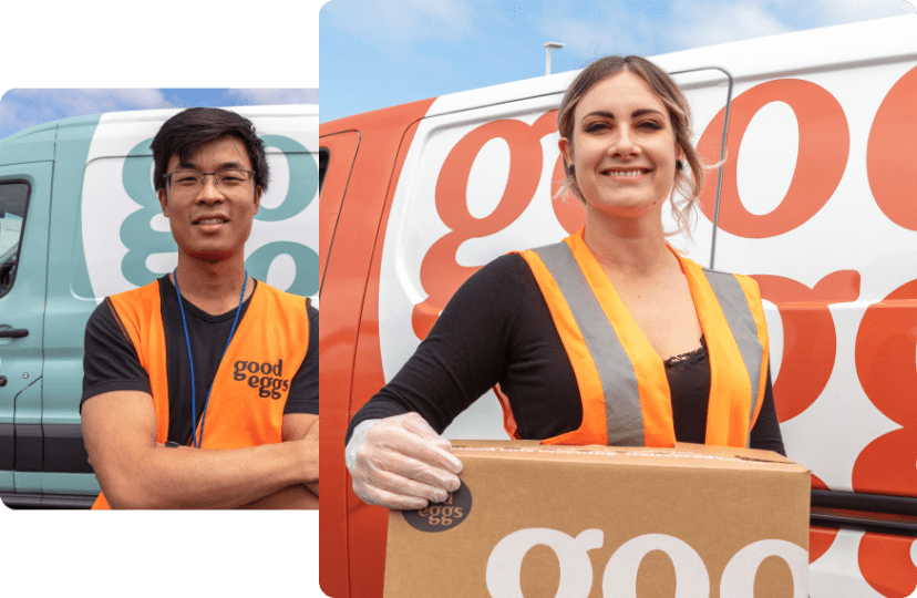 Male and female Good Eggs employees holding a delivery box wearing a neon orange high visibility vest in front of an orange van.